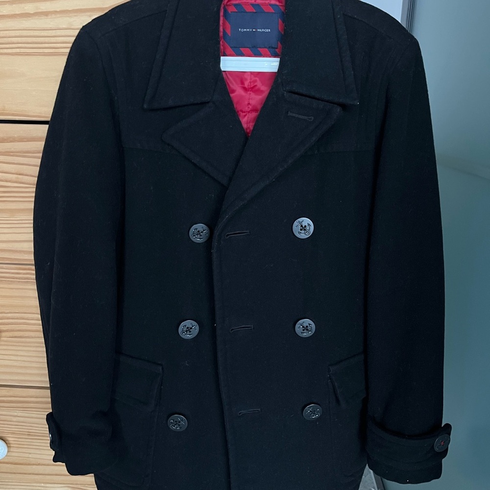 Tommy Hilfiger Black Wool Blend Peacoat Jacket w/red quilted lining.
